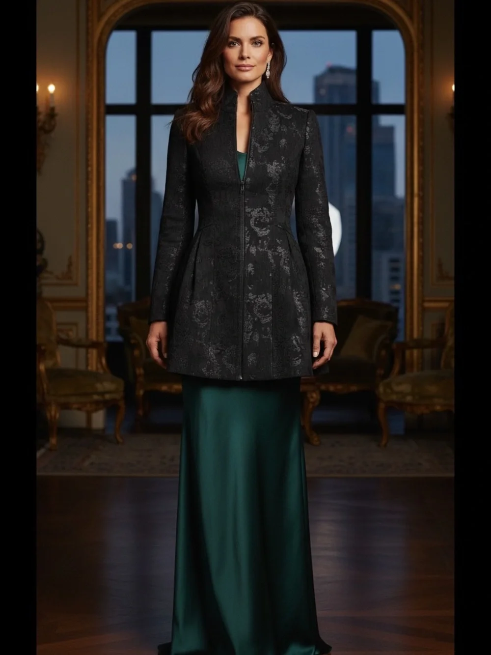 Nanette Lepore Black Floral Jacquard Pea Coat - Picture 3 of 6